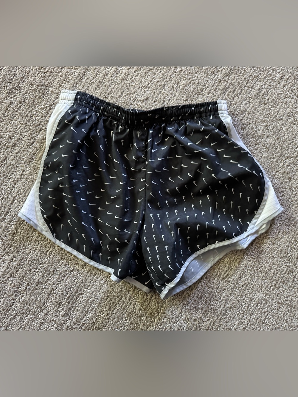 Nike Black Athletic Running Shorts with White Swoosh Print L